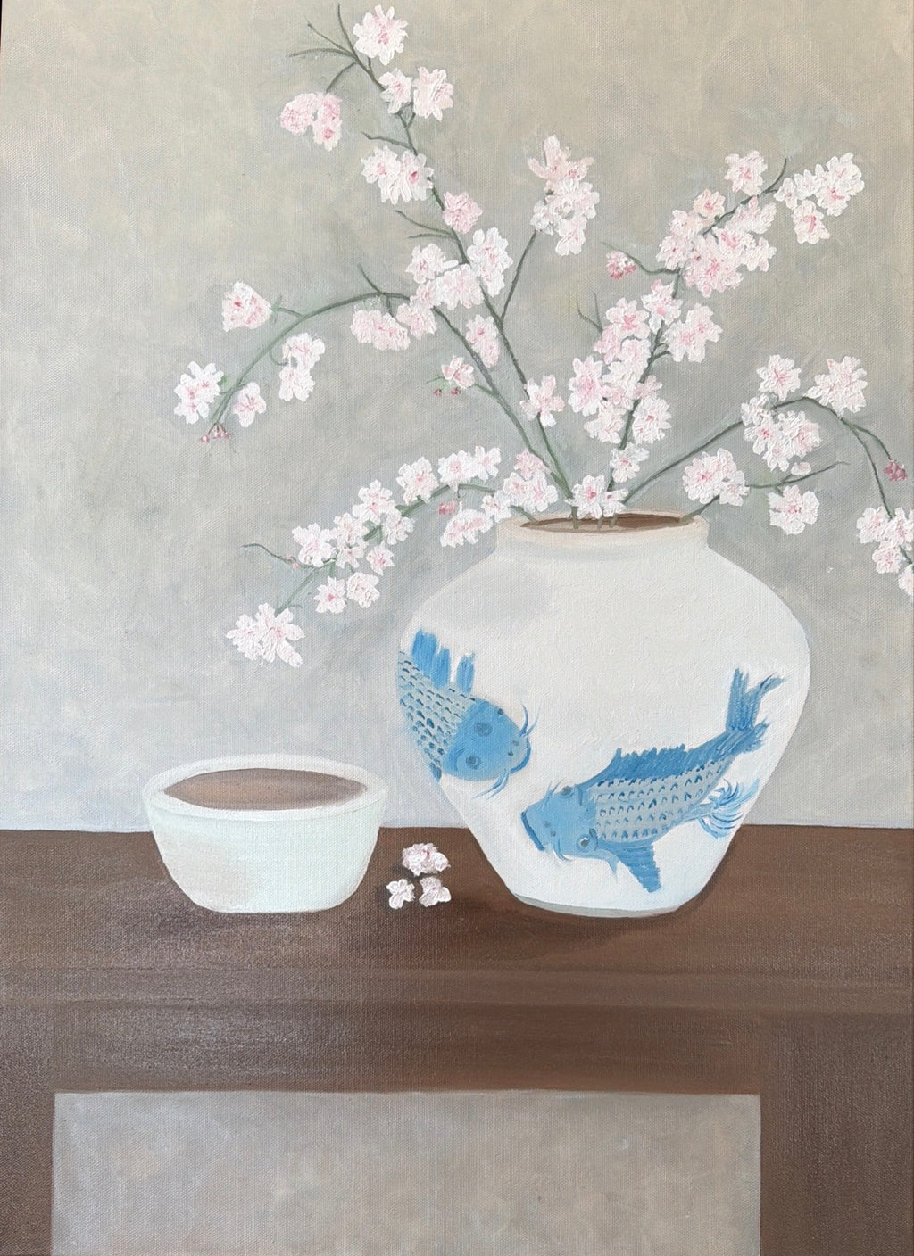 Cherry Blooms and Blue Koi