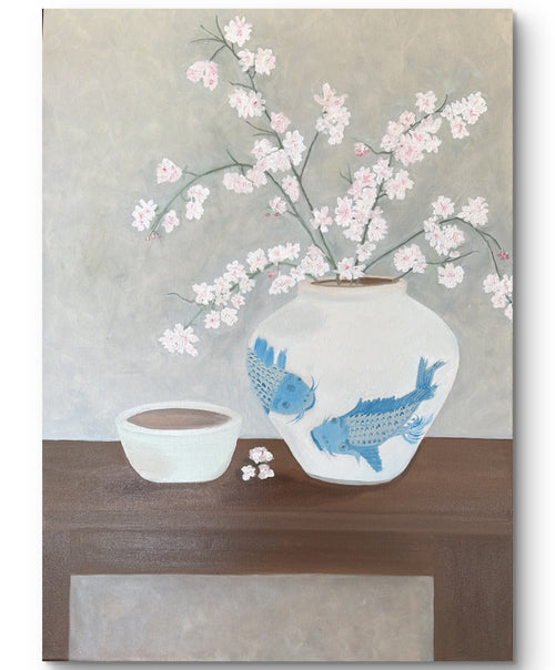 Cherry Blooms and Blue Koi