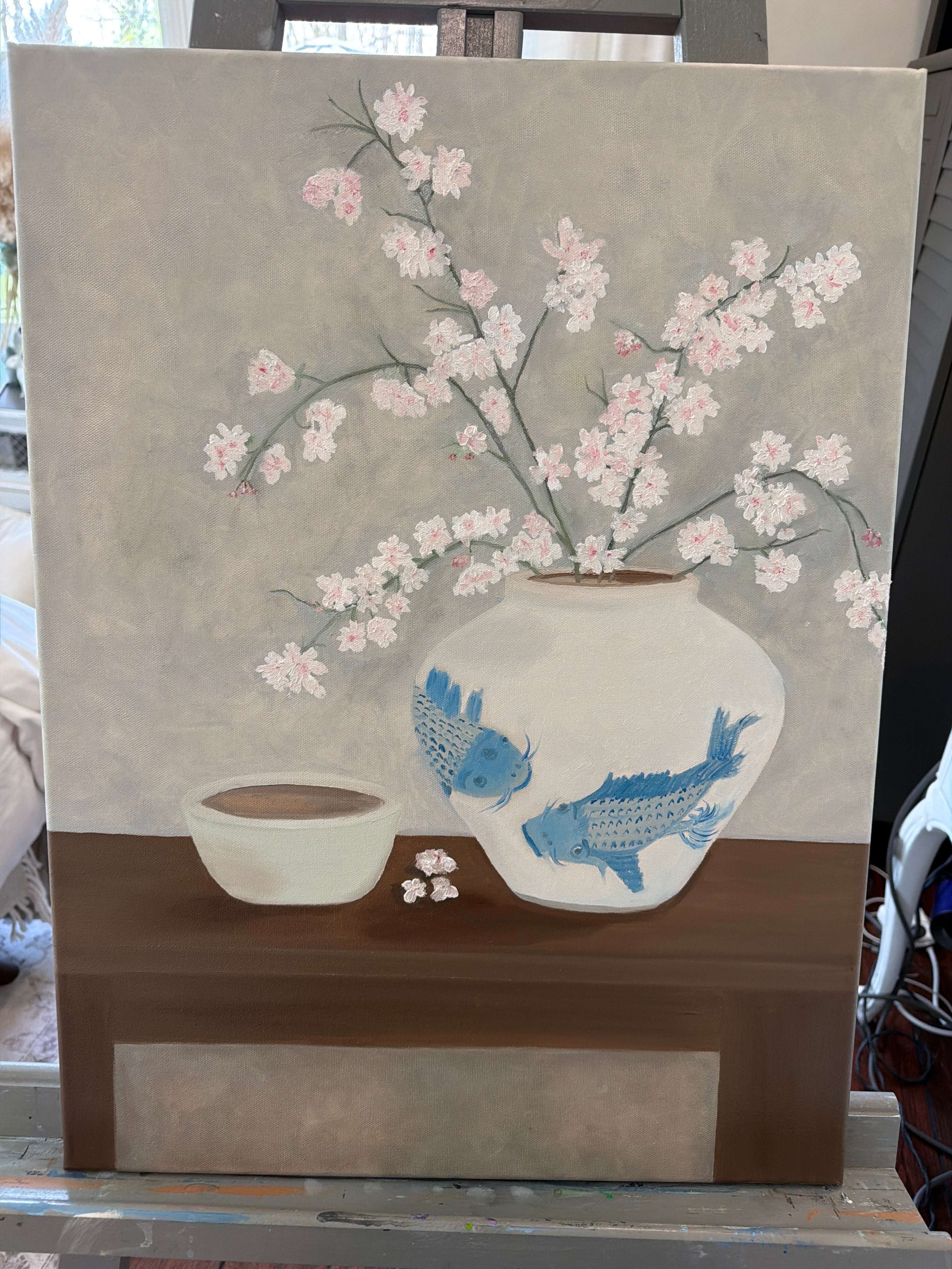 Cherry Blooms and Blue Koi